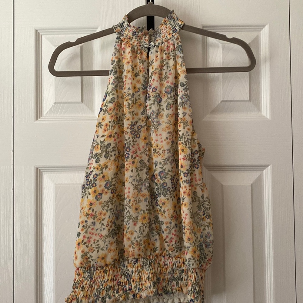 1 state sleeveless turtle neck tank top yellow floral